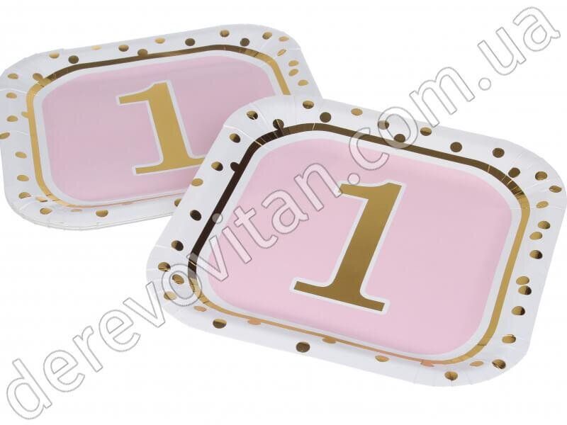 Тарілки рожеві "1" рік для дівчинки, картон, 24×24 см, 10 шт.