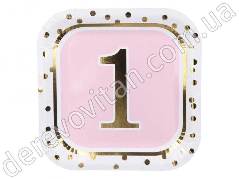 Тарелки розовые "1" годик для девочки, картон, 24×24 см, 10 шт.