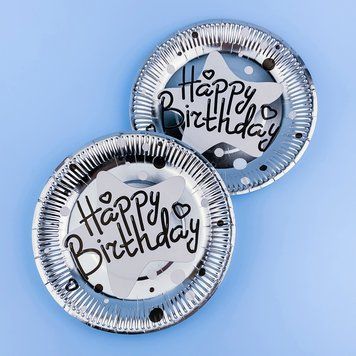 Тарілки одноразові з принтом "Happy birthday", срібло, 10 шт., 18 см