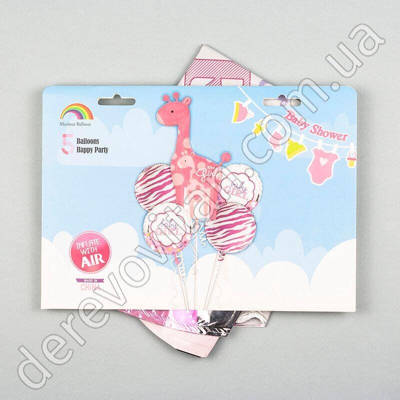 Набір повітряних/гелієвих кульок "Жираф Baby Girl", рожевий, 5 шт.