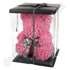 Мишка из 800 роз (фоамиран) в подарочной упаковке, розовый с серым бантом, 27 см