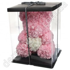 Мишка из 800 роз (фоамиран) в подарочной упаковке, розовый с белым сердцем, 27 см