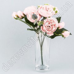Розы шелковые пионовидные в букете, светло-розовые, 5 веточек, 17×28 см