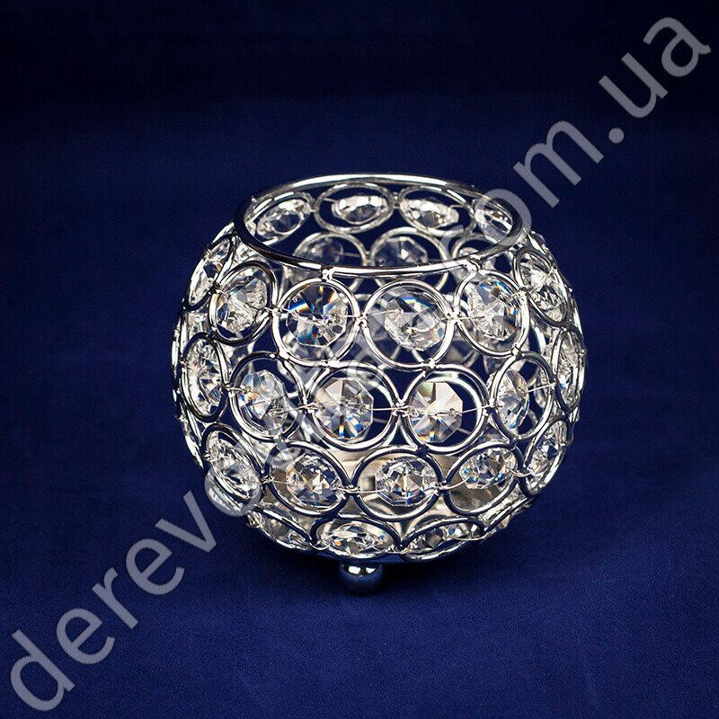 Подсвечник круглый с кристаллами, цвет серебро, металл, 9×10 см