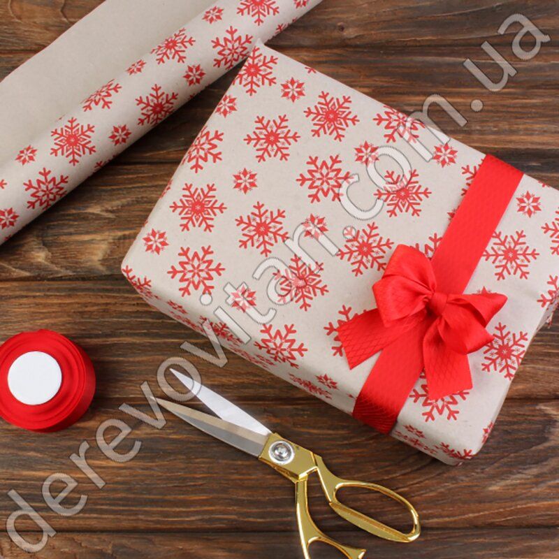 Новогодняя упаковочная бумага в рулоне "Снежинки красные", 0.7×8 м