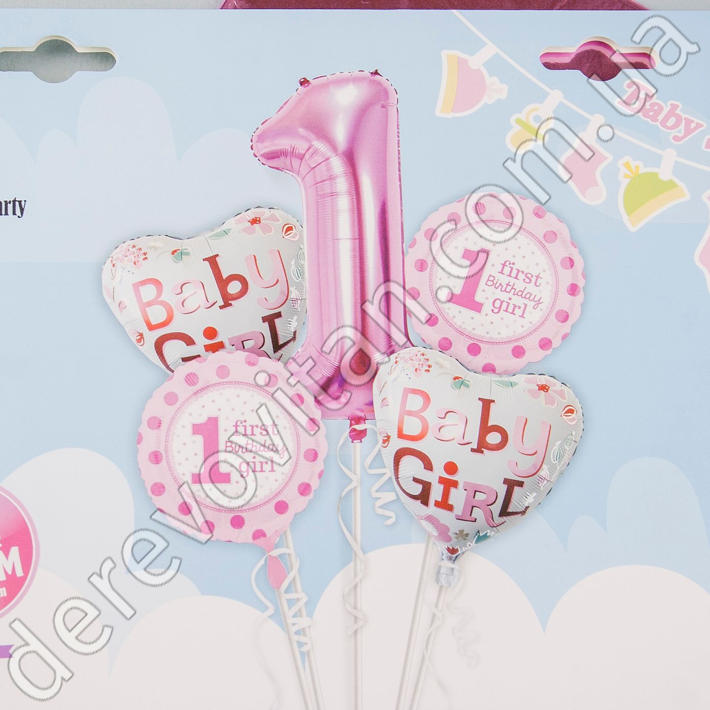 Воздушные шары на 1 годик "Birthday Baby Girl", набор 5 шт.