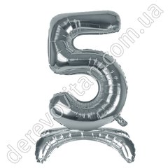 Воздушный шар-цифра "5" на подставке, серебро, высота 65 см