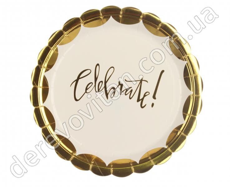 Тарелки белые одноразовые, картонные, "Celebrate", золото, 10 шт., 23 см