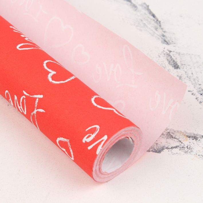 Червоний крафт-папір для подарунків "Love" в білих серцях, 0.7×8 м