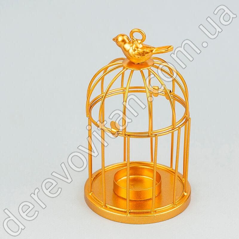 Свічник металевий "Клітка з птичкою", золото, 9×16 см