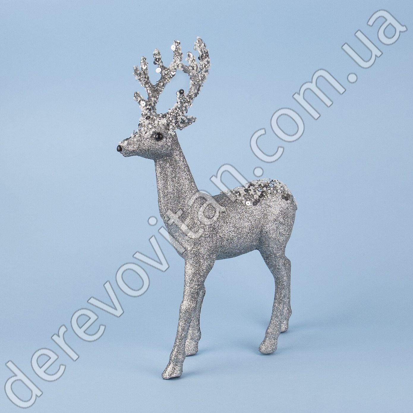Новорічний декор фігура "Олень в блискітках", срібло, 35×24×7 см